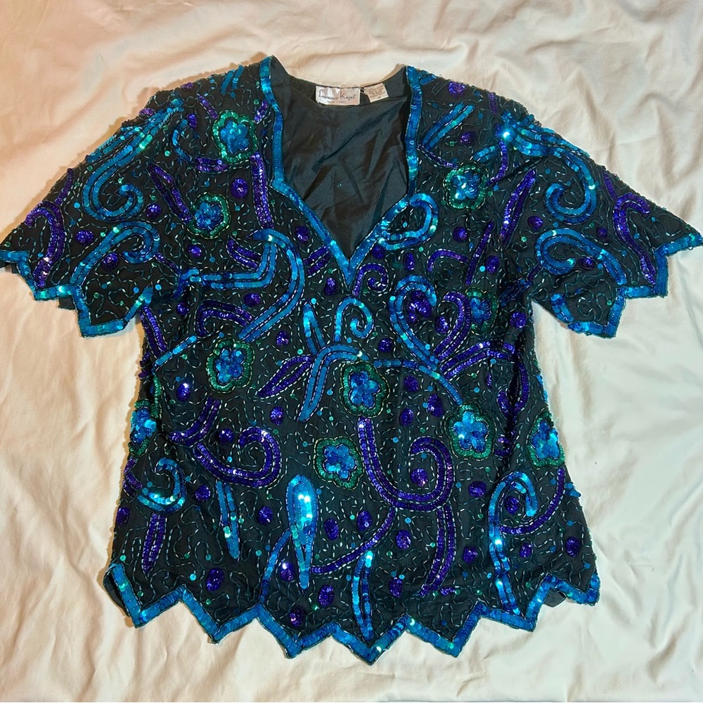 Vintage 80s Laurence Kazar party top 1X XL sequins beads peacock blue purple